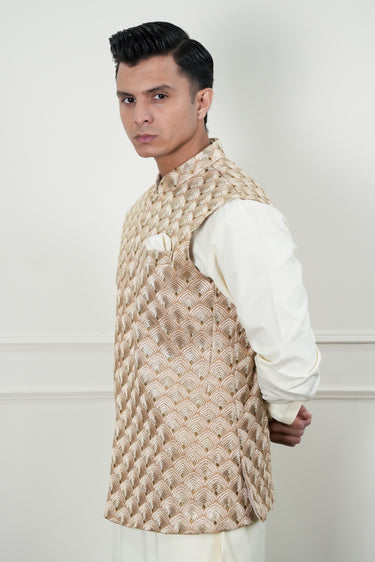 BEIGE SELF EMBROIDERY WAIST COAT Mehndi Collection HumayunAlamgir
