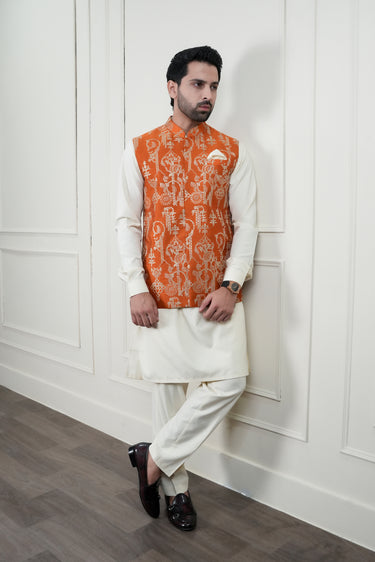 RUST BEIGE SEQUENCE EMBOSSED WAIST COAT Mehndi Collection HumayunAlamgir