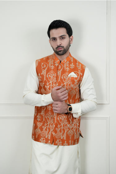 RUST BEIGE SEQUENCE EMBOSSED WAIST COAT Mehndi Collection HumayunAlamgir