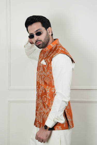 RUST BEIGE SEQUENCE EMBOSSED WAIST COAT Mehndi Collection HumayunAlamgir