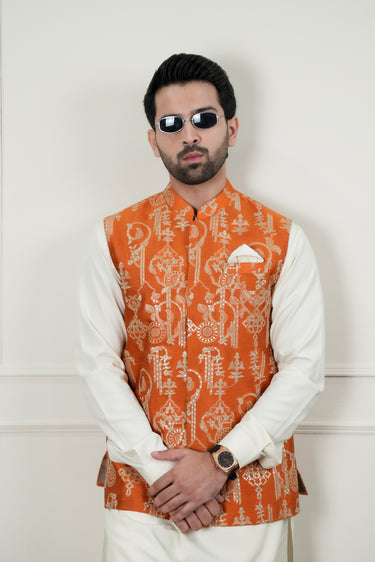 RUST BEIGE SEQUENCE EMBOSSED WAIST COAT Mehndi Collection HumayunAlamgir