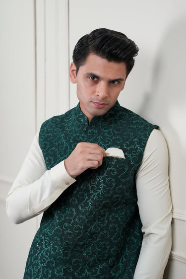 GREEN SEQUENCE EMBROIDERY WAIST COAT Mehndi Collection HumayunAlamgir