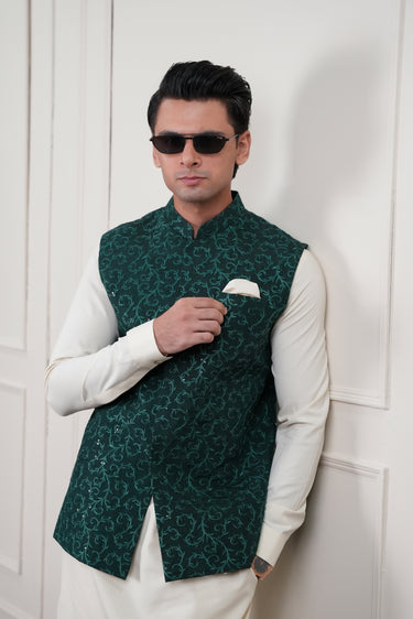 GREEN SEQUENCE EMBROIDERY WAIST COAT Mehndi Collection HumayunAlamgir