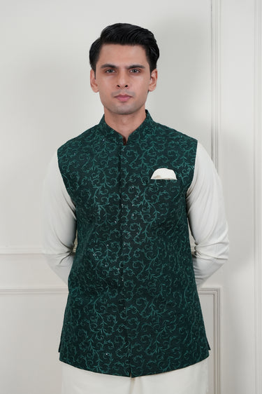 GREEN SEQUENCE EMBROIDERY WAIST COAT Mehndi Collection HumayunAlamgir