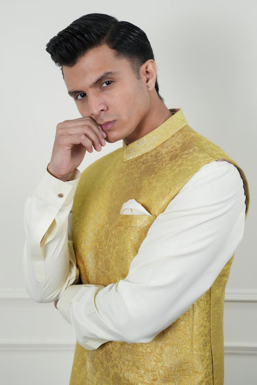MUSTARD ZARI JAMAWAR WAIST COAT Mehndi Collection HumayunAlamgir