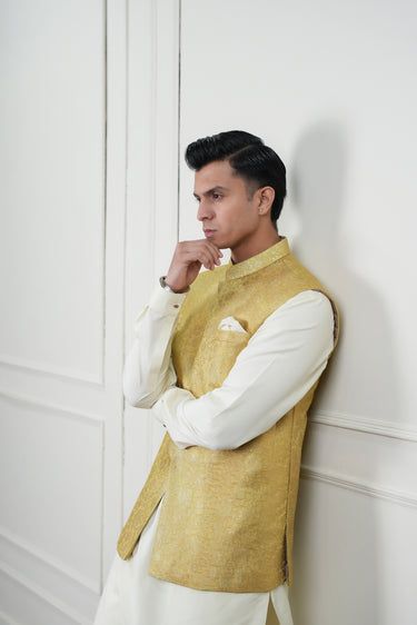 MUSTARD ZARI JAMAWAR WAIST COAT Mehndi Collection HumayunAlamgir