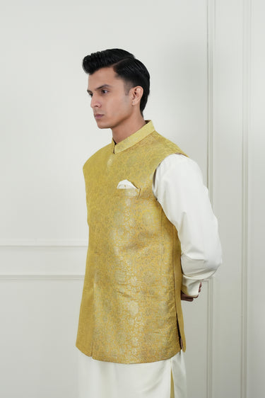 MUSTARD ZARI JAMAWAR WAIST COAT Mehndi Collection HumayunAlamgir
