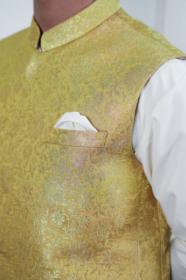 MUSTARD ZARI JAMAWAR WAIST COAT Mehndi Collection HumayunAlamgir