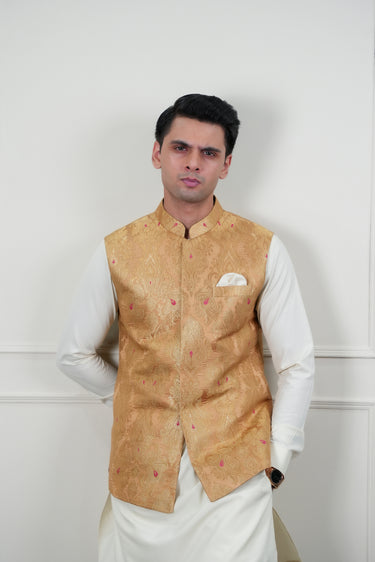 BEIGE ZARI JAMAWAR WAIST COAT Mehndi Collection HumayunAlamgir