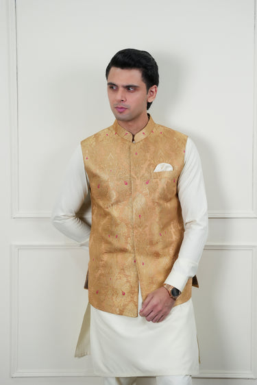 BEIGE ZARI JAMAWAR WAIST COAT Mehndi Collection HumayunAlamgir