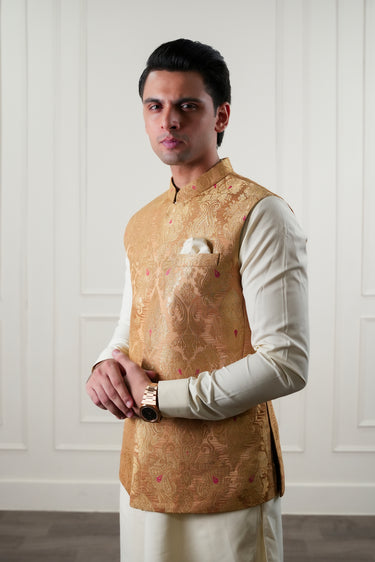 BEIGE ZARI JAMAWAR WAIST COAT Mehndi Collection HumayunAlamgir
