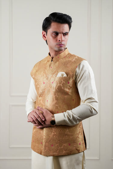 BEIGE ZARI JAMAWAR WAIST COAT Mehndi Collection HumayunAlamgir