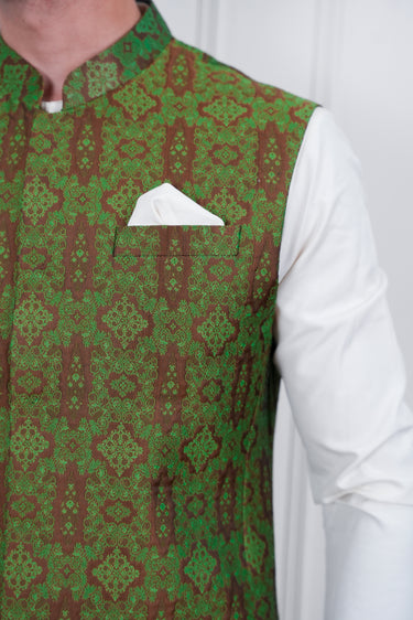 OLIVE GREEN SELF JAMAWAR WAIST COAT Mehndi Collection HumayunAlamgir