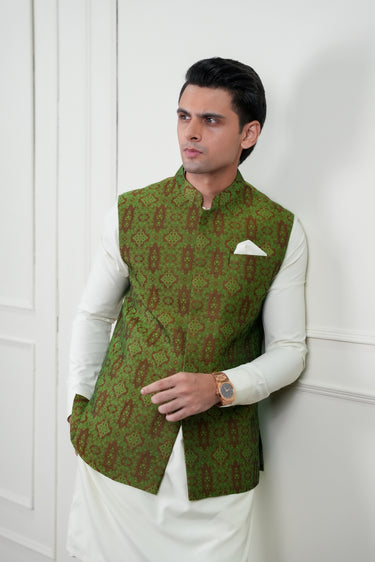 OLIVE GREEN SELF JAMAWAR WAIST COAT Mehndi Collection HumayunAlamgir