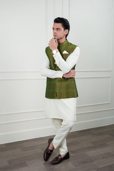 OLIVE GREEN SELF JAMAWAR WAIST COAT Mehndi Collection HumayunAlamgir