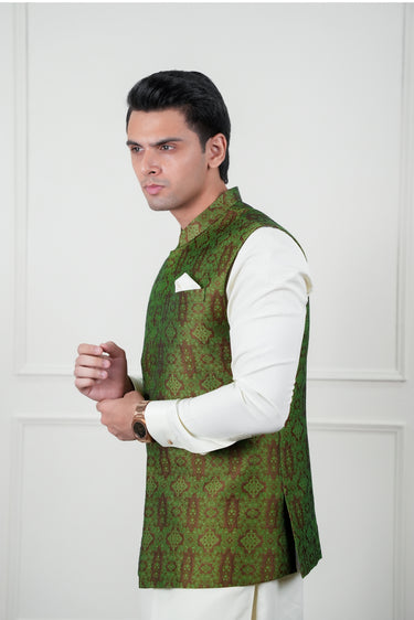 OLIVE GREEN SELF JAMAWAR WAIST COAT Mehndi Collection HumayunAlamgir