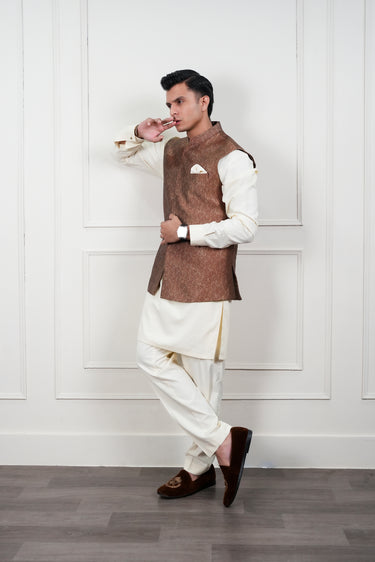 BROWN SELF JAMAWAR WAIST COAT Mehndi Collection HumayunAlamgir