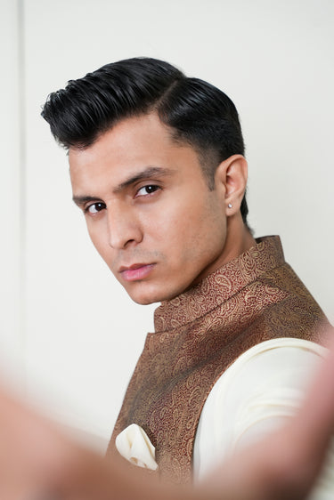 BROWN SELF JAMAWAR WAIST COAT Mehndi Collection HumayunAlamgir