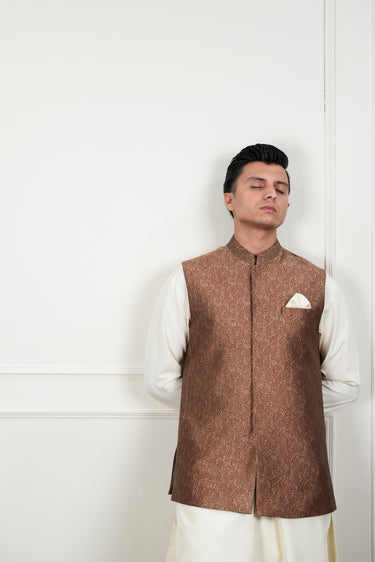 BROWN SELF JAMAWAR WAIST COAT Mehndi Collection HumayunAlamgir
