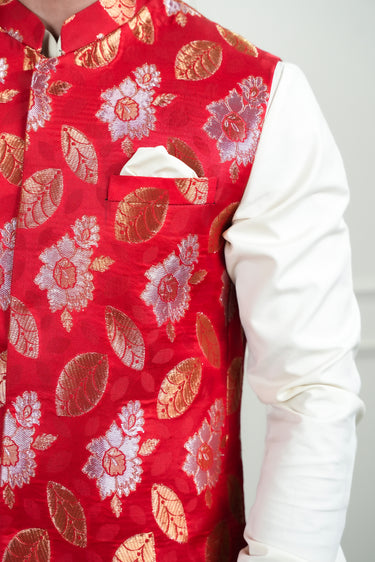 RED MULTI COLOUR JAMAWAR WAIST COAT Mehndi Collection HumayunAlamgir