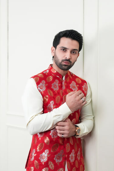 RED MULTI COLOUR JAMAWAR WAIST COAT Mehndi Collection HumayunAlamgir