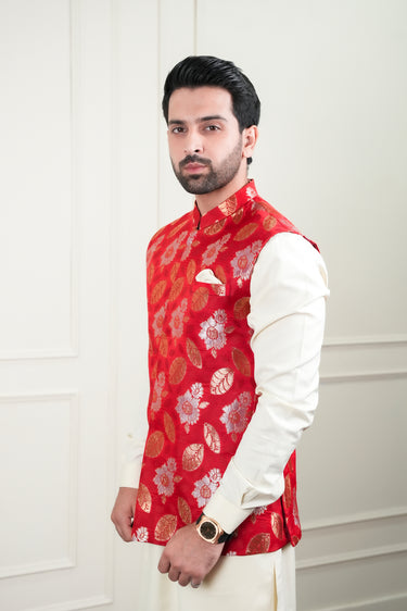 RED MULTI COLOUR JAMAWAR WAIST COAT Mehndi Collection HumayunAlamgir