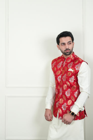 RED MULTI COLOUR JAMAWAR WAIST COAT Mehndi Collection HumayunAlamgir