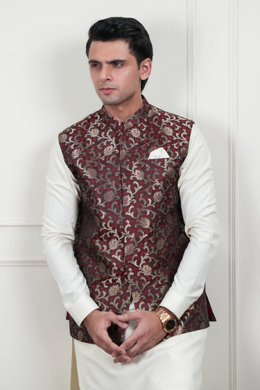 BROWN GOLDEN JAMAWAR WAIST COAT Mehndi Collection HumayunAlamgir
