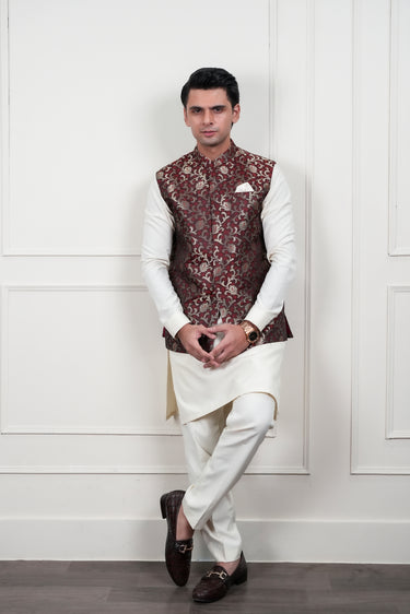 BROWN GOLDEN JAMAWAR WAIST COAT Mehndi Collection HumayunAlamgir