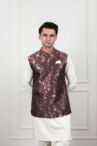 BROWN GOLDEN JAMAWAR WAIST COAT Mehndi Collection HumayunAlamgir