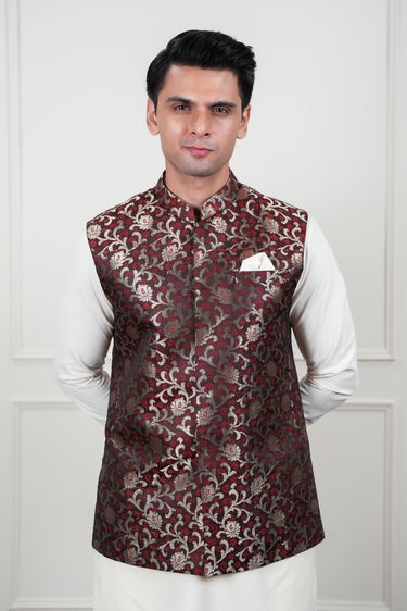 BROWN GOLDEN JAMAWAR WAIST COAT Mehndi Collection HumayunAlamgir