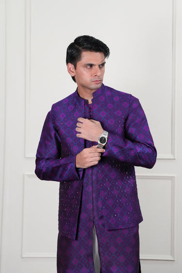 PURPLE SELF JAMAWAR HANDWORK CUTDANA WAIST COAT Mehndi Collection HumayunAlamgir