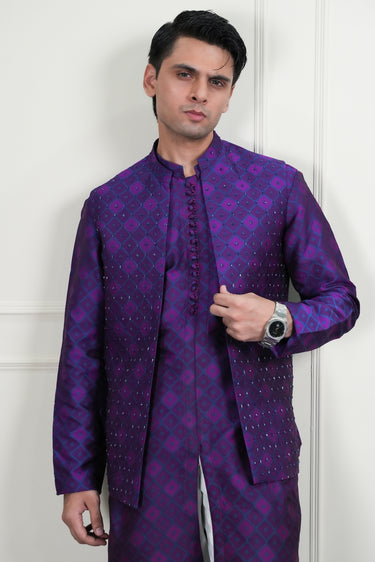 PURPLE SELF JAMAWAR HANDWORK CUTDANA WAIST COAT Mehndi Collection HumayunAlamgir