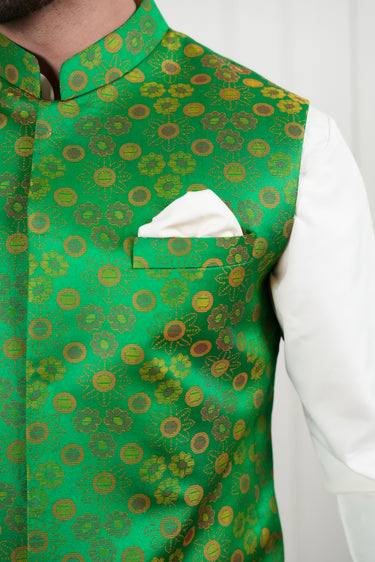 EMBELLISH GREEN SELF JAMAWAR WAIST COAT Mehndi Collection HumayunAlamgir