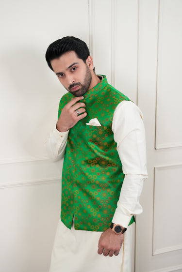 EMBELLISH GREEN SELF JAMAWAR WAIST COAT Mehndi Collection HumayunAlamgir