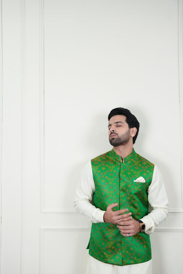EMBELLISH GREEN SELF JAMAWAR WAIST COAT Mehndi Collection HumayunAlamgir