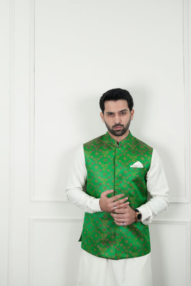 EMBELLISH GREEN SELF JAMAWAR WAIST COAT Mehndi Collection HumayunAlamgir