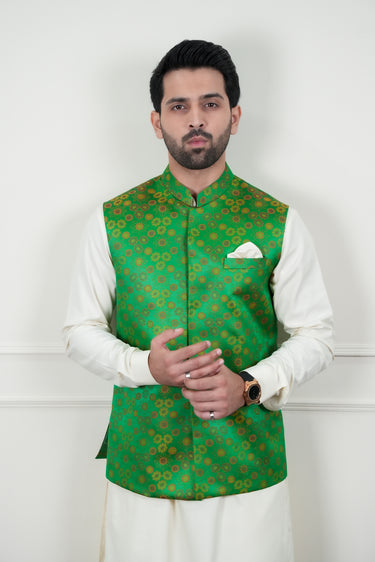 EMBELLISH GREEN SELF JAMAWAR WAIST COAT Mehndi Collection HumayunAlamgir