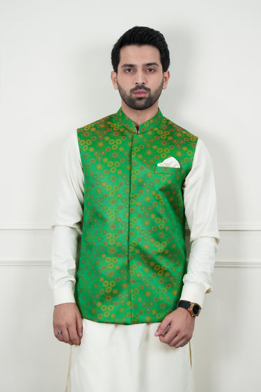 EMBELLISH GREEN SELF JAMAWAR WAIST COAT Mehndi Collection HumayunAlamgir