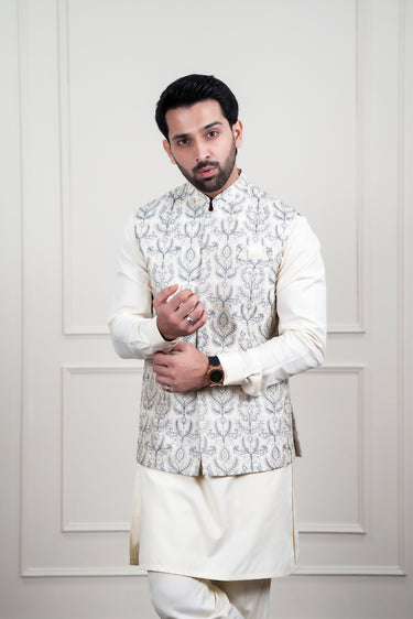 IVORY & LIGHT GREY EMBROIDERY WAIST COAT Mehndi Collection HumayunAlamgir