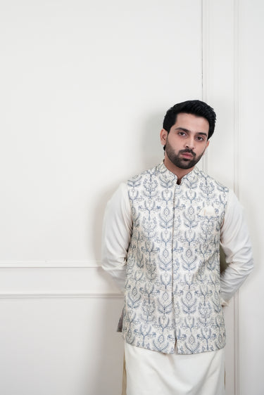 IVORY & LIGHT GREY EMBROIDERY WAIST COAT Mehndi Collection HumayunAlamgir