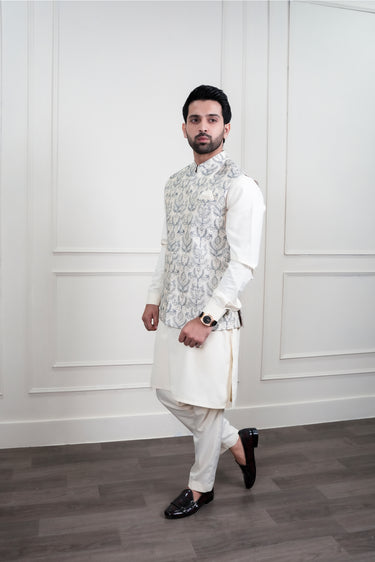 IVORY & LIGHT GREY EMBROIDERY WAIST COAT Mehndi Collection HumayunAlamgir