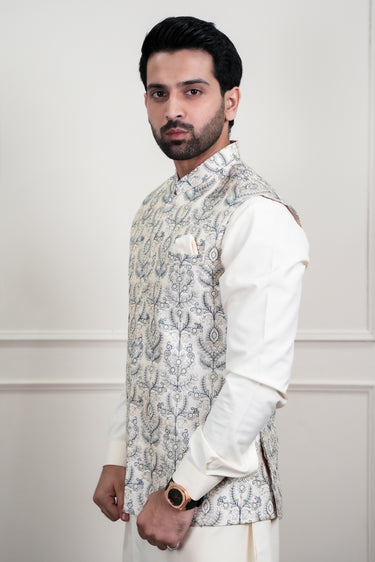 IVORY & LIGHT GREY EMBROIDERY WAIST COAT Mehndi Collection HumayunAlamgir