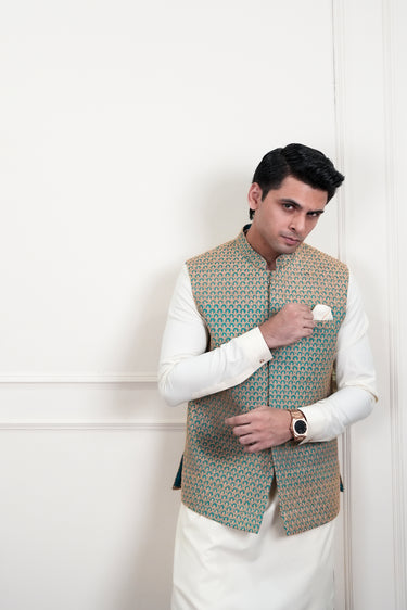 LIGHT BLUE BEIGE EMBROIDERD WAIST COAT Mehndi Collection HumayunAlamgir