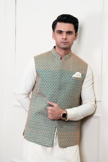 LIGHT BLUE BEIGE EMBROIDERD WAIST COAT Mehndi Collection HumayunAlamgir