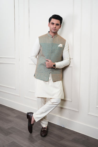 LIGHT BLUE BEIGE EMBROIDERD WAIST COAT Mehndi Collection HumayunAlamgir