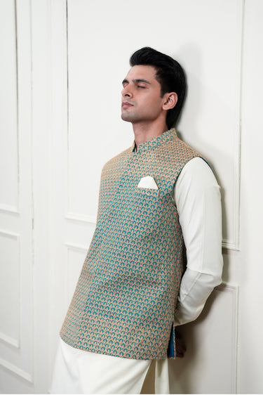 LIGHT BLUE BEIGE EMBROIDERD WAIST COAT Mehndi Collection HumayunAlamgir