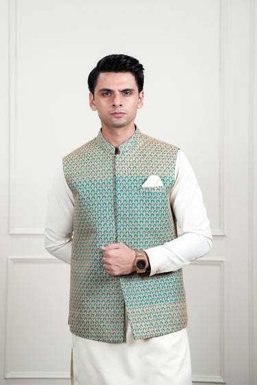LIGHT BLUE BEIGE EMBROIDERD WAIST COAT Mehndi Collection HumayunAlamgir