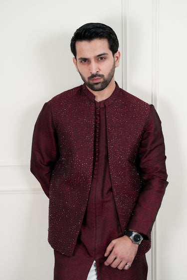 DARK MAROON JAMAWAR CUTDANA WAIST COAT Mehndi Collection HumayunAlamgir