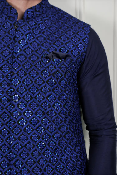 BLUE EMBOSSED SEQUENCE WAIST COAT Mehndi Collection HumayunAlamgir